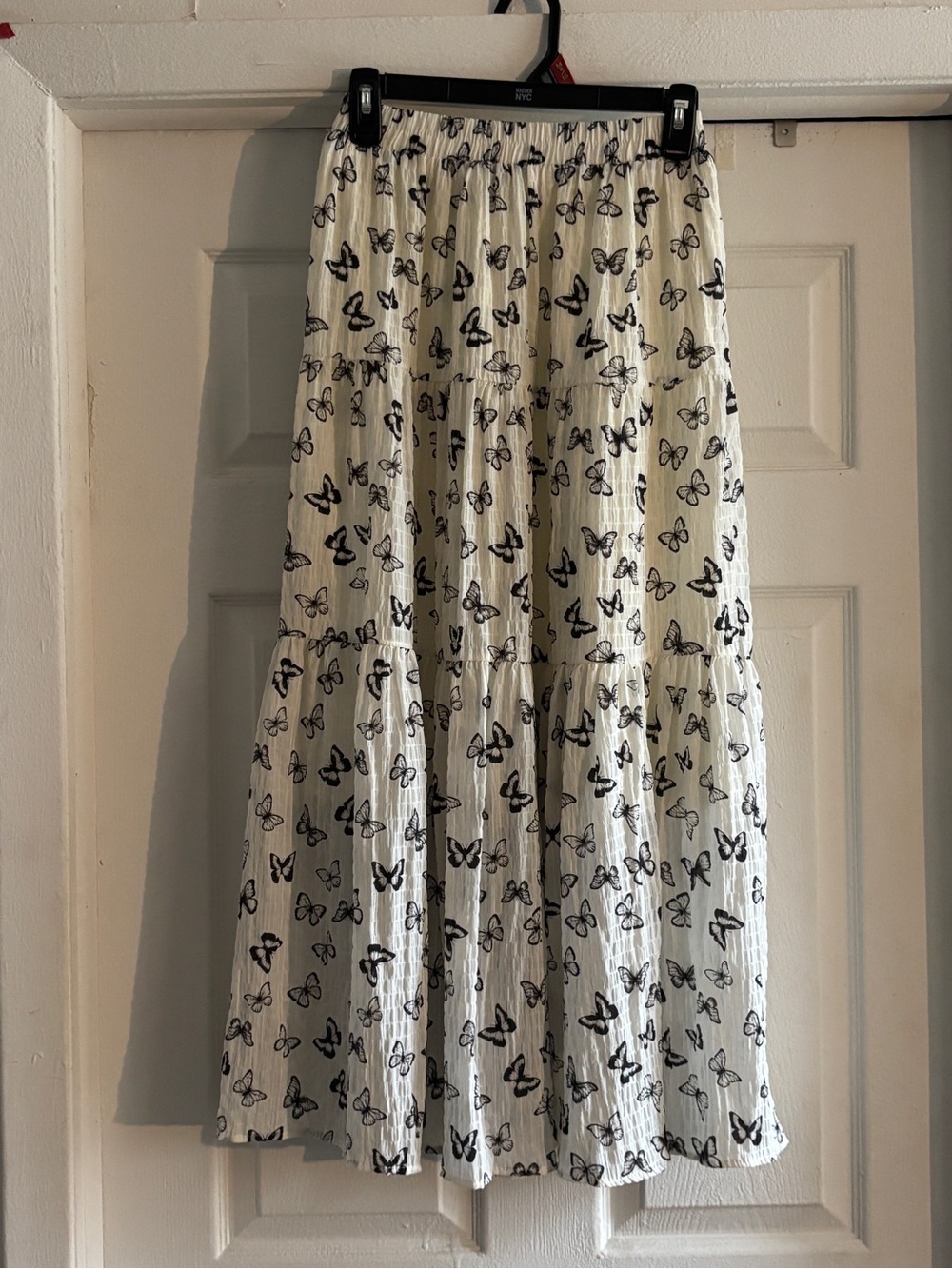 Tiered Maxi Skirt with Black Butterfly Print - White